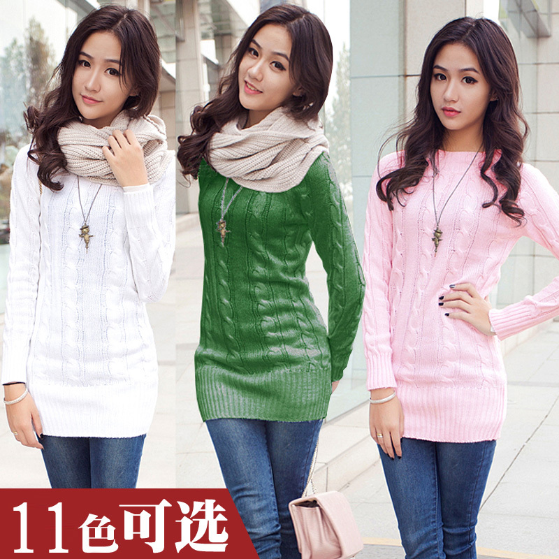 1013 real pictures with model 2012 twisted solid color preppy style medium-long o-neck sweater female - beige