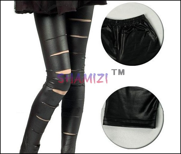 1018 2013 new Spring  Fashion Stretch Pants Sexy Black Leather Hole Leggings Tights For Women