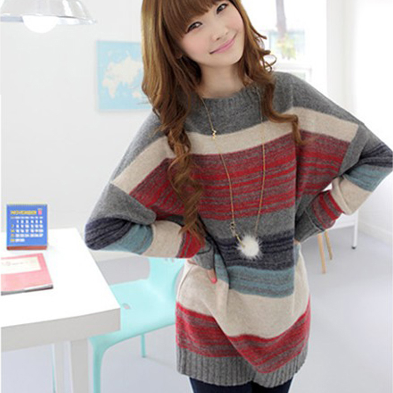 1050 2012 autumn and winter sweet stripe plus size loose batwing sleeve o-neck long-sleeve sweater female