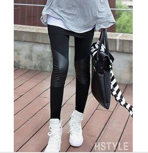 1059 autumn legging female matt patchwork faux leather boot cut jeans elastic skinny pants casual ankle length trousers