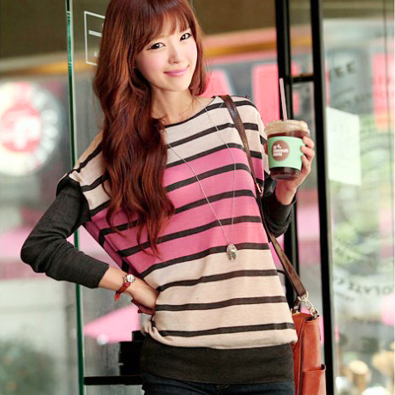 1061 2012 women's stripe casual slit neckline sweet batwing sleeve sweater basic shirt