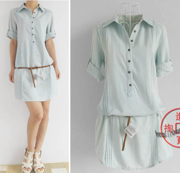 106c single ! exquisite water wash pinioning genuine leather belt denim one-piece dress Free Shipping