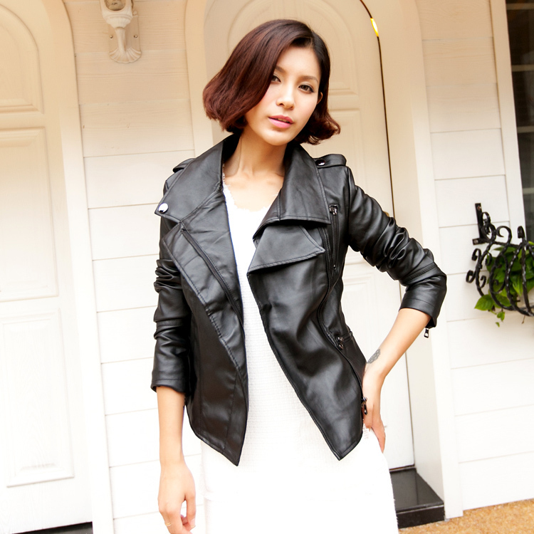 10809 2013 double collar PU clothing design women's slim short leather coat