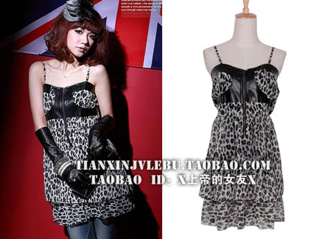 109 sexy savager black leather mosaic chiffon leopard print spaghetti strap one-piece dress (X god) -Free shipping by CPAM