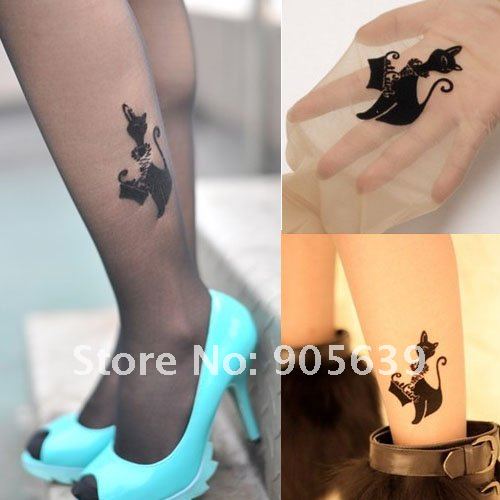 10pairs/lot  free shipping  ultra-thin  tights smooth pantyhose  fashion tattoo cute cat on one size stocking silk panty hose