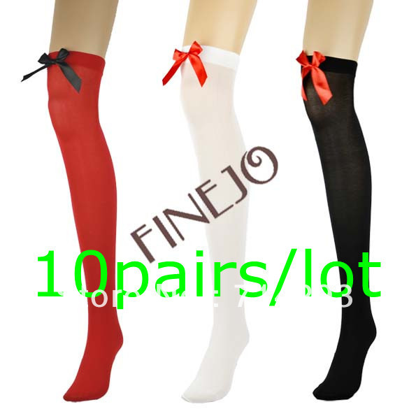 10pairs/lot Sexy Women's Silk Lace Knee Bows Socks Thigh High Stockings 3 Colors Free shipping 8195