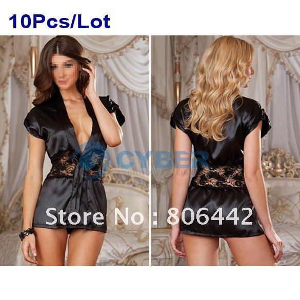 10Pcs/Lot Ladies' Sexy Lingerie Black Satin Sleepwear Costume Lace Detail Robe and G-String Wholesale & Retail