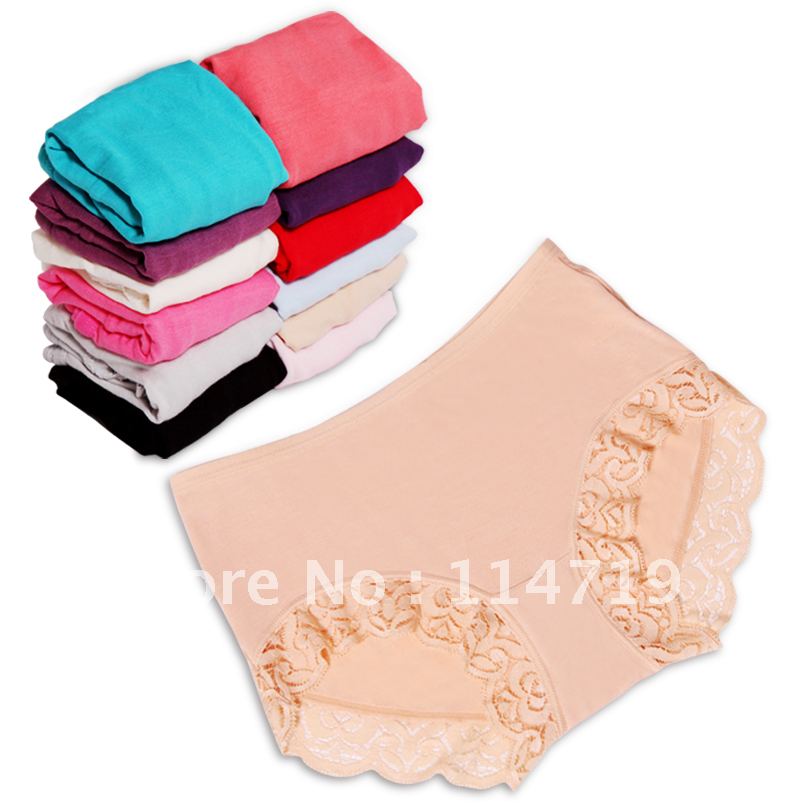 10pcs/lot wholesale bamboo fibre women's lace panties modal mid wais 100% cotton women's briefs 21 color for choose 2012 NEW