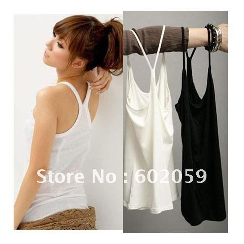 10pcs/Lot Wholesale Fine Line T-shirt Fashion Ladis Cotton Tank Tops clothes Y-Neck Vest  Black & White Free Shipping