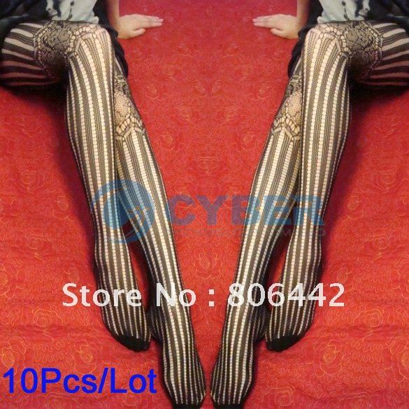 10Pcs/Lot Women Lace Grain Upper Thighs Stripe Through Net Stockings Leggings Black Sexy Free Shipping