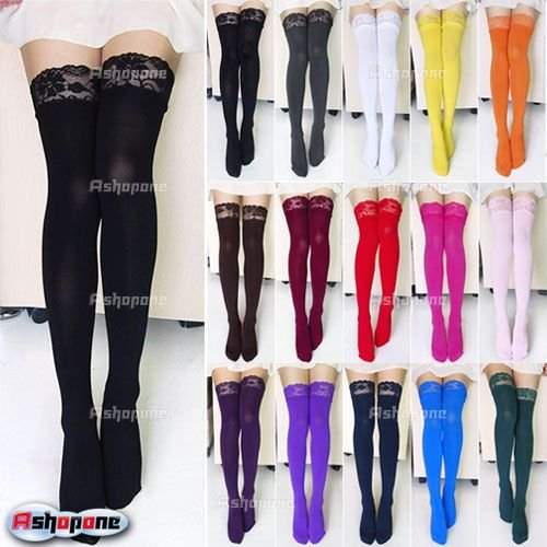 10x Sexy Womens Thick Lace Top Opaque Thigh High Stockings 15 Colors Free Shipping