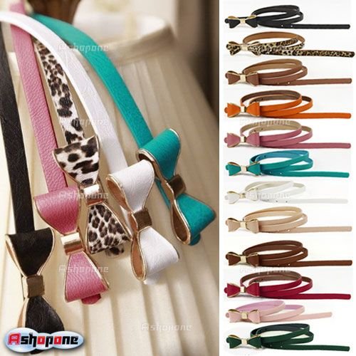 10xFashion Woman's Candy Color Big Bowknot PU Leather Thin Skinny Waistband Belt Free Shipping