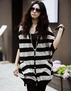 11.11 1173 ladies all-match black and white stripe long design sweater outerwear