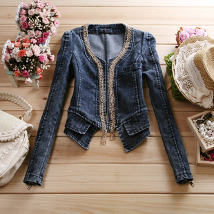 11008 autumn Women vintage elastic denim short jacket top short design