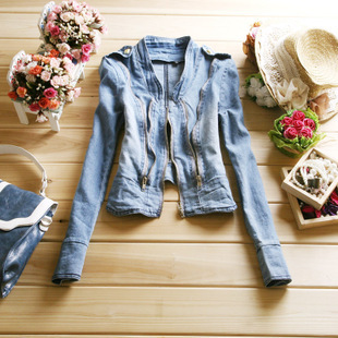 11010 autumn women's stand collar zipper long-sleeve decoration elastic water wash denim coat outerwear short design denim