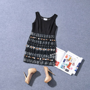 11884 autumn and winter black and gray pi leather warfactory beading cutout fashion cake woolen one-piece dress