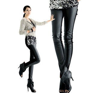 12 autumn and winter fashion all-match slim lint patchwork faux leather pants female trousers slim all-match ankle length