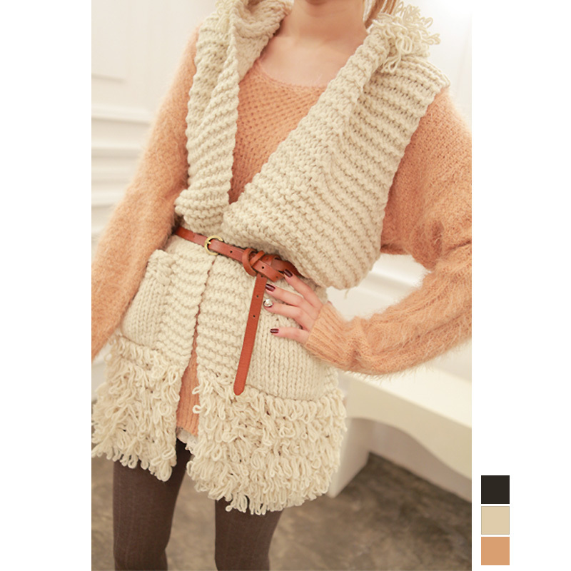 12 autumn and winter loop pile tassel coarse knitting with a hood knitted vest