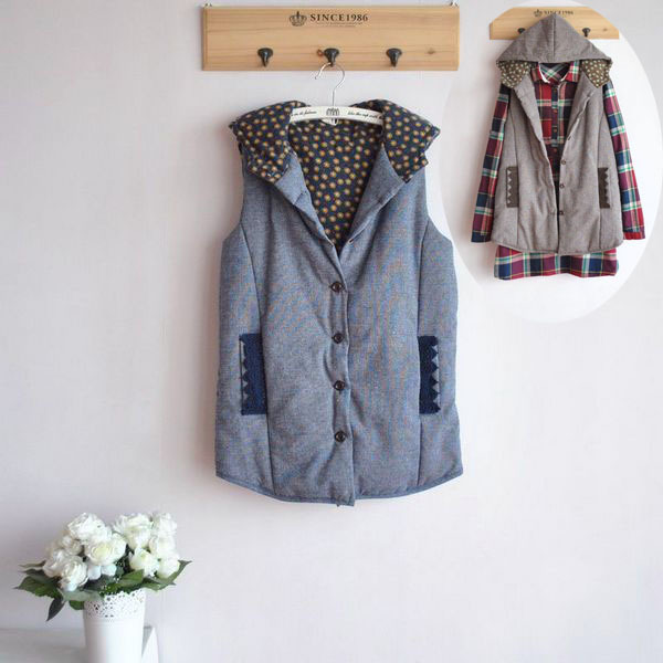 12 autumn and winter small fresh linen thickening cotton-padded polka dot lining female with a hood medium-long vest