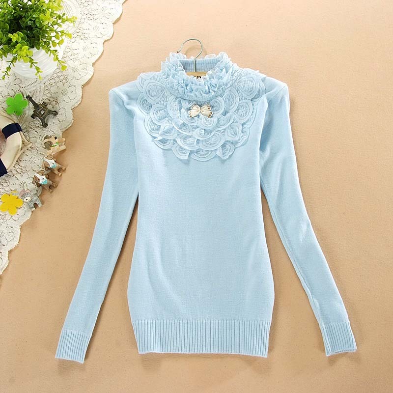 12 autumn high round collar sweet gentlewomen lace bow solid color all-match sweater basic shirt sweater