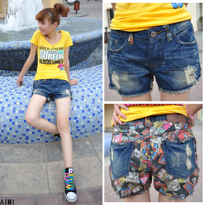 12 colorant match cartoon loose shorts jeans female