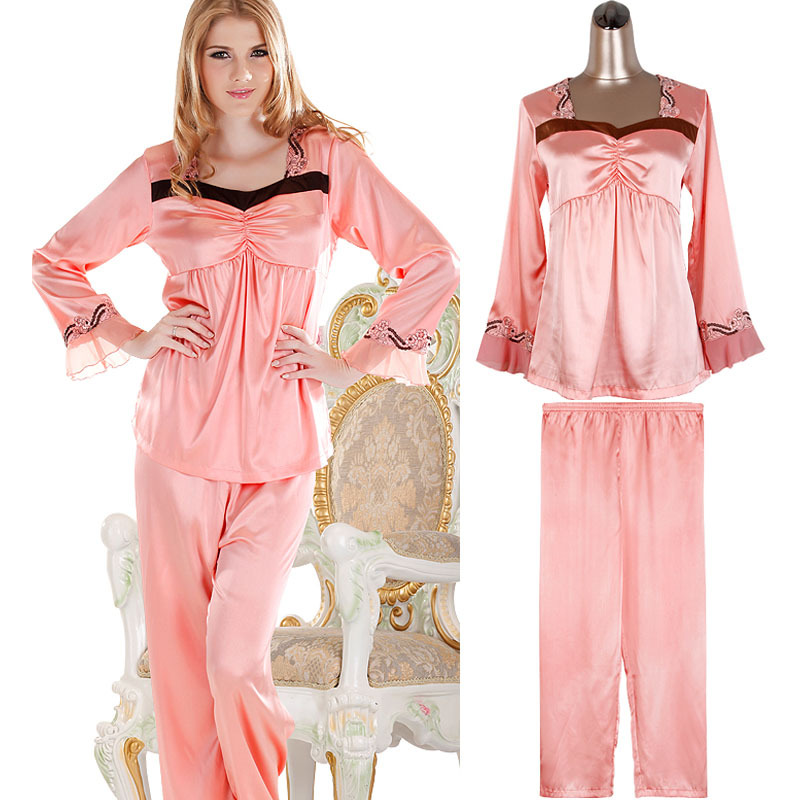 12 NWT Women's silk satin 2 piece top nightgown lounge pants pjs pajamas set elegant sexy lace solid watermelon red pink 66016