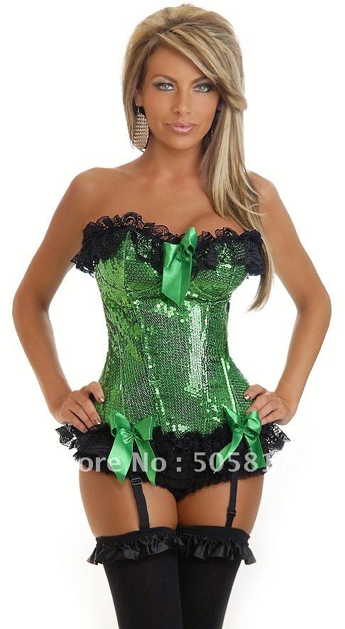 12% OFF Stunning overbust bustier corset with G-string Women sequin shaper sexy underwear Bow knot Green red silver purple CJ873