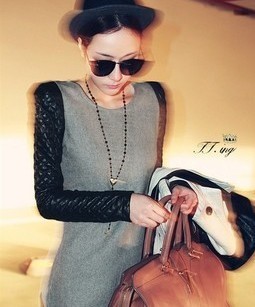 12 one-piece dress female fashion vintage long design t patchwork leather small one-piece dress slim