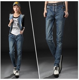 12 plus size loose thread elastic high waist jeans pencil denim trousers female