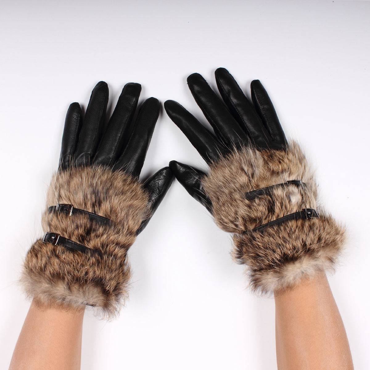 12 sheepskin rabbit fur winter plus velvet cotton thermal gloves women's fur genuine leather gloves