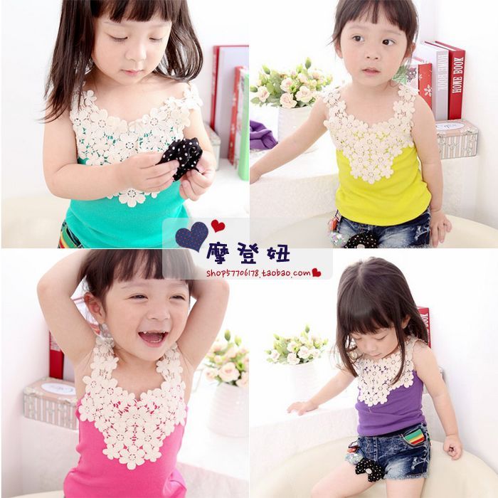 12 summer child girls clothing flower V-neck candy color elastic T-shirt sleeveless vest