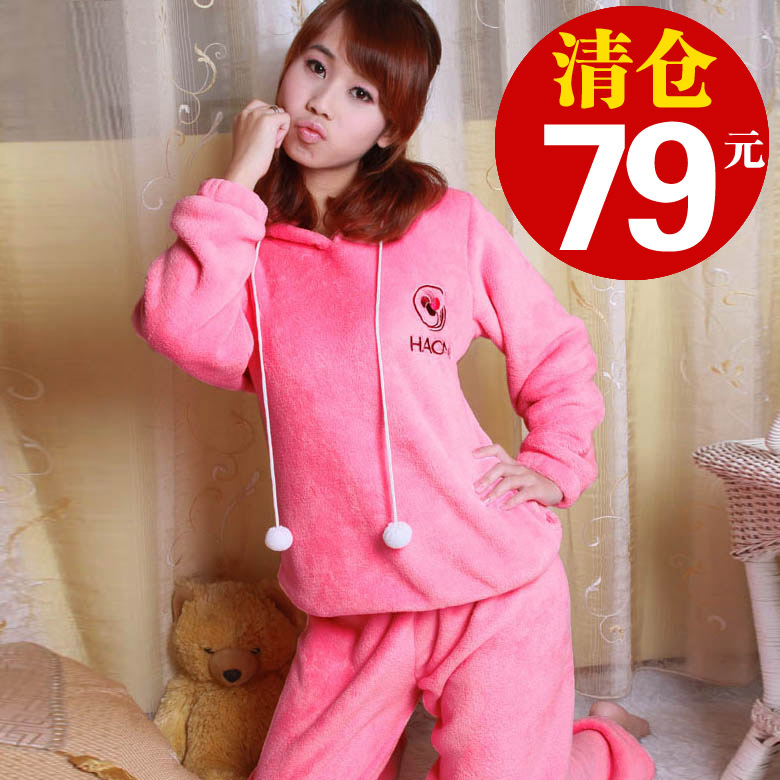 12 thickening coral fleece hooded women's sleep set lounge