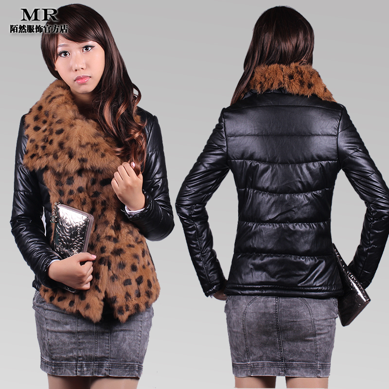 12 winter short design leather clothing female rabbit fur down cotton-padded jacket short design leather clothing female leather