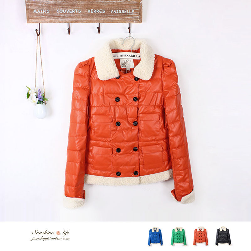 12 winter wadded jacket female double breasted sweet small fresh berber fleece roll up hem fur collar faux leather PU