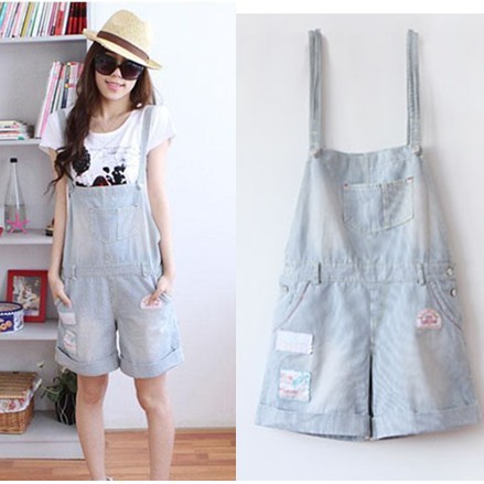 120 2011 stripe badge denim shorts suspenders a9996