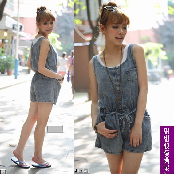 120 2013 female summer thin denim bib pants one piece shorts jumpsuit c7729