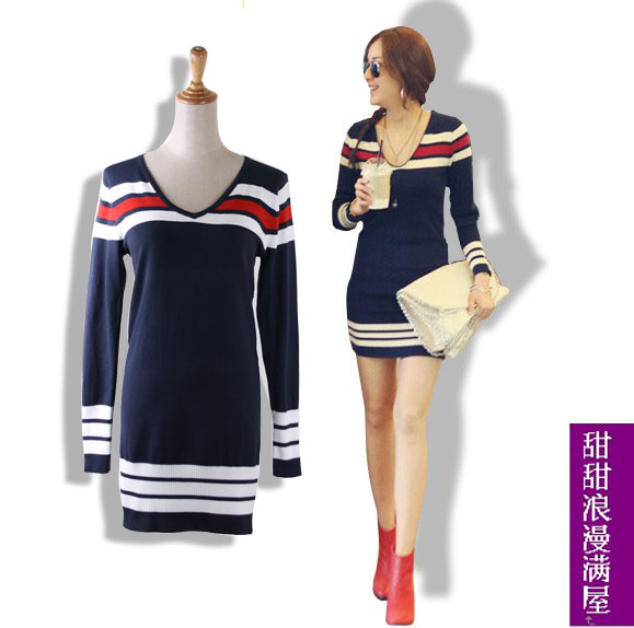 120 2013 new arrival autumn 021720 long-sleeve stripe medium-long sweater dress