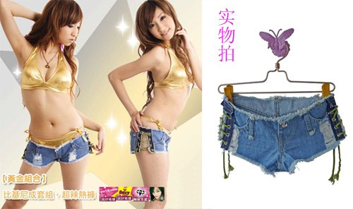 120 women's summer side strap low-waist sexy denim shorts 9556