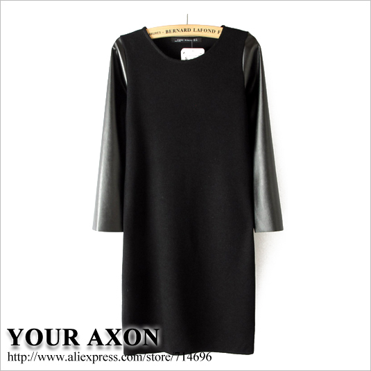 1207 axon spring autumn summer black gray pu leather sleeves cotton blend patchwork knitted dresses for women lady FREE SHIPPING