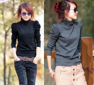 1212 2012 solid color puff sleeve slim basic shirt long-sleeve turtleneck sweater