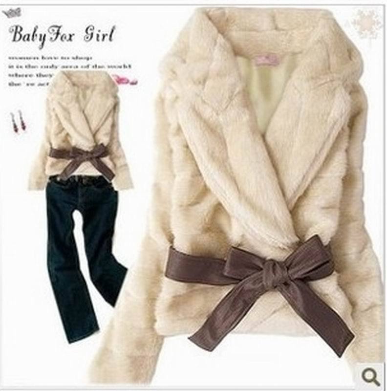 12120218 / 2012 Hot Soft Faux Rabbit Hair Women Fur Coat with Leather Belt Lady Elegant Winter Warm Fur Coat Free shipping