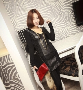 1263 2012 sexy V-neck rivet lace patchwork leather one-piece dress sexy one-piece dress