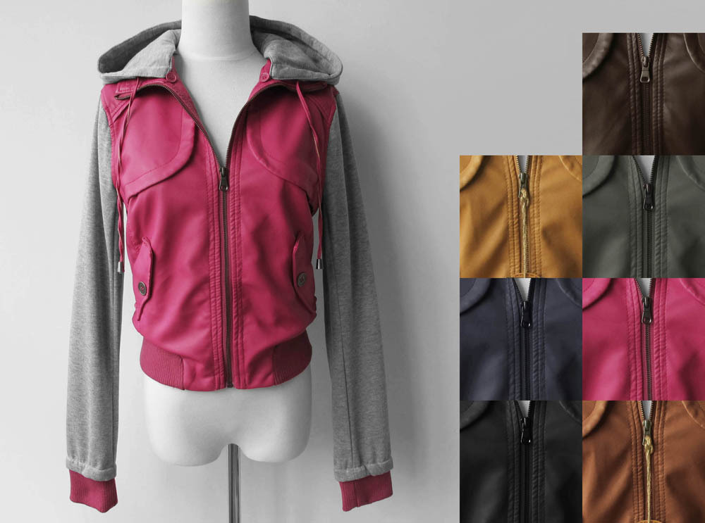 126ab 830 fashion single candy color water wash PU sweatshirt patchwork removable cap long-sleeve leather clothing