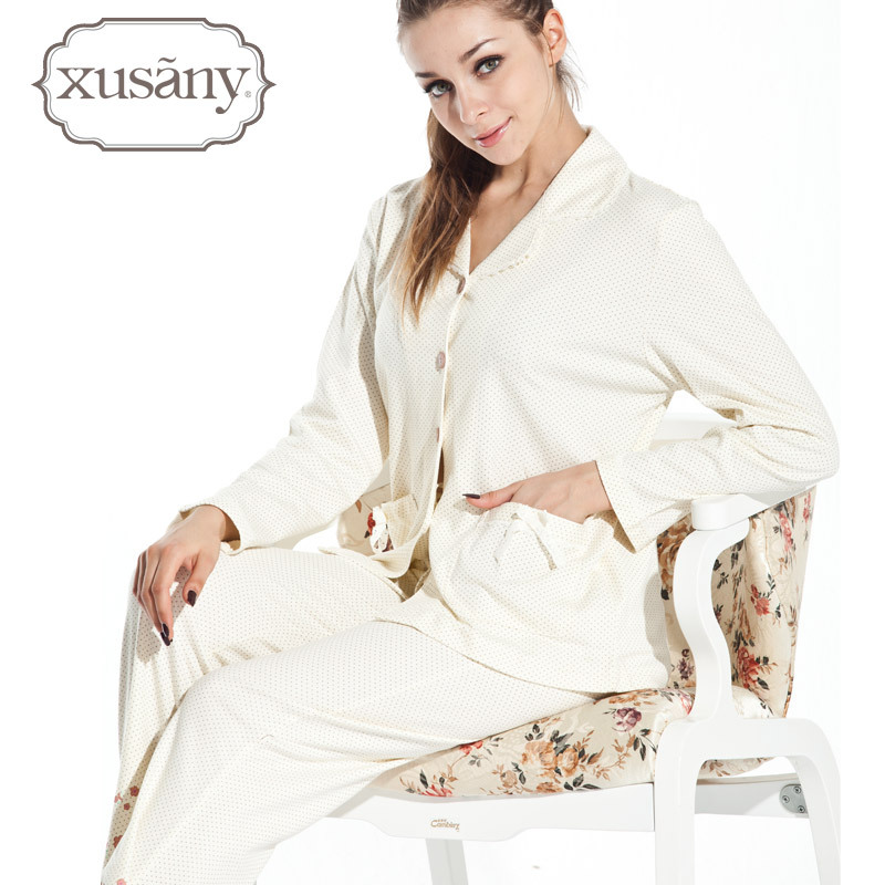 129 autumn and winter long-sleeve 100% cotton female sleepwear cardigan lounge set