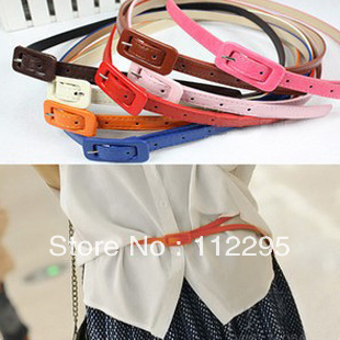 12pcs/lot 12Color OMH Wholesale New Fashion Women's Cute Nice Candy color PU leather Thin Belt Free shipping