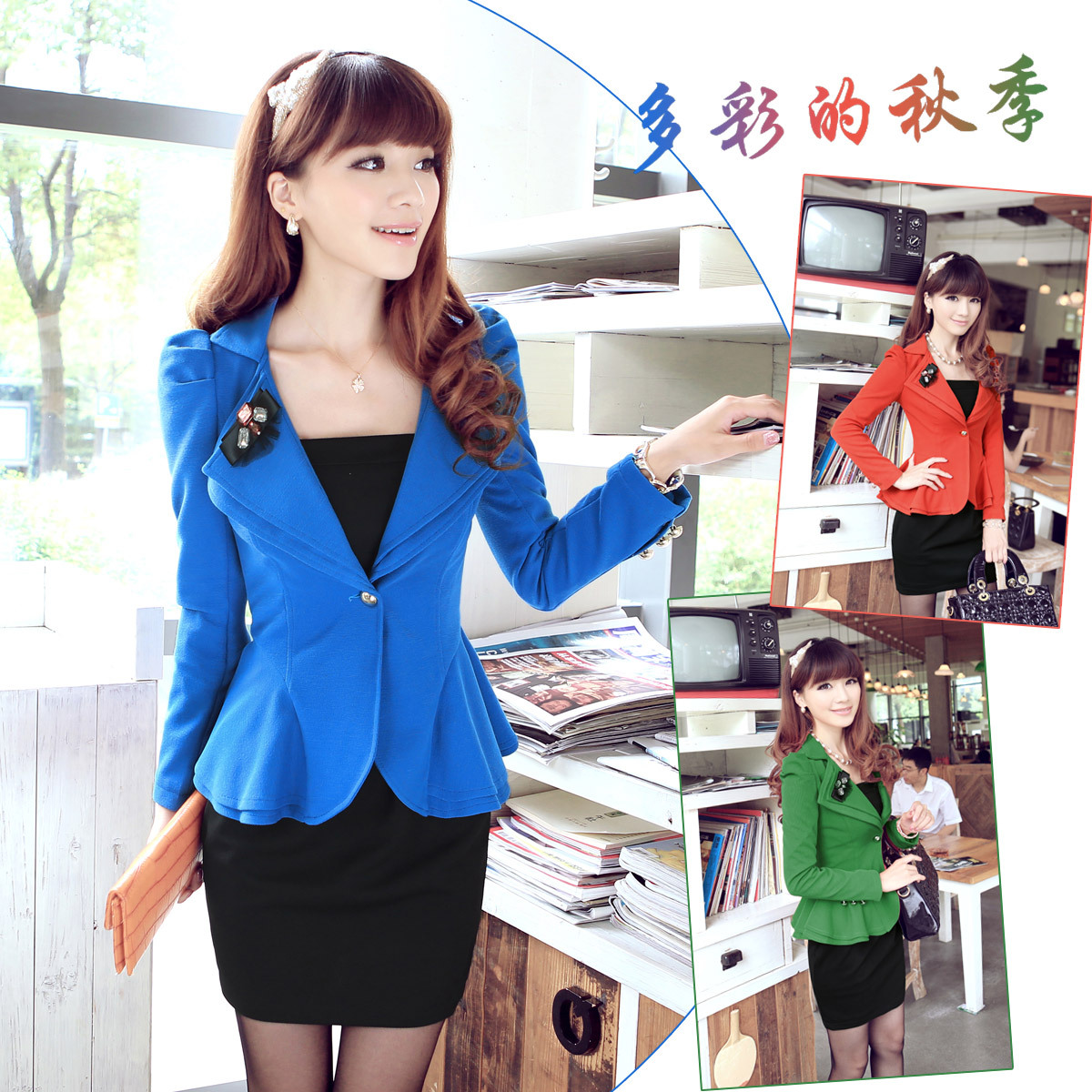 13 female spring fashion elegant gentlewomen casual small suit jacket knitted slim hip one-piece dress set