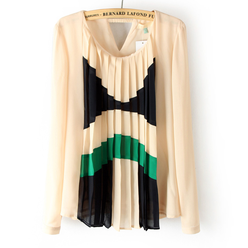 13 spring o-neck long-sleeve geometry patchwork color block blinds front edge chiffon women's pullover