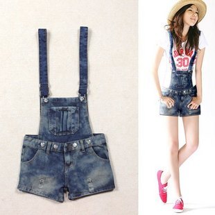 13 suspenders jeans plus size loose two ways shorts hole denim bib pants female