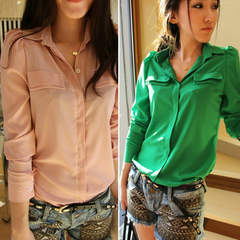 1492 2013 spring and autumn women's stand collar puff sleeve candy color long-sleeve shirt basic shirt