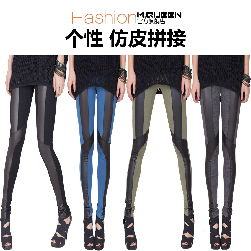 15 M . queen autumn fashion personality faux leather fabric patchwork elastic plus size legging trousers female